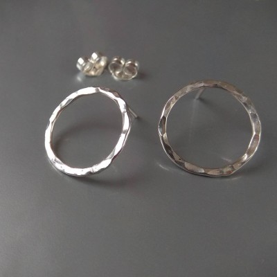 Handmade Open Circle textured  Sterling silver stud earrings