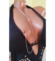 Sterling silver Necklace With Dangling silver Chains and fake nipple piercing - natural peach pearl