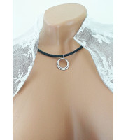 Black leather O ring Choker Necklace with handmade sterling silver hammered rings