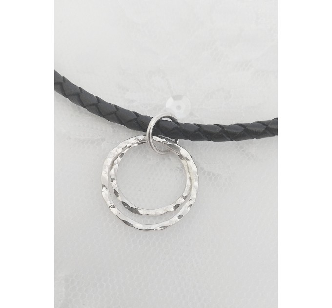Black leather O ring Choker Necklace with handmade sterling silver hammered rings