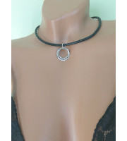 Black leather O ring Choker Necklace with handmade sterling silver hammered rings