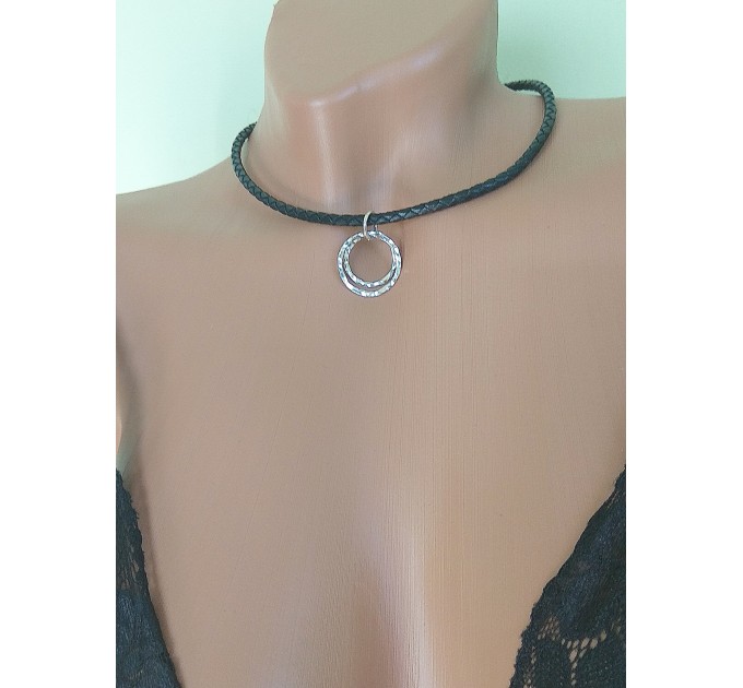 Black leather O ring Choker Necklace with handmade sterling silver hammered rings