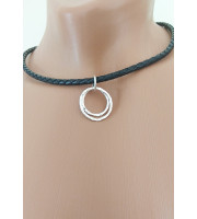 Black leather O ring Choker Necklace with handmade sterling silver hammered rings