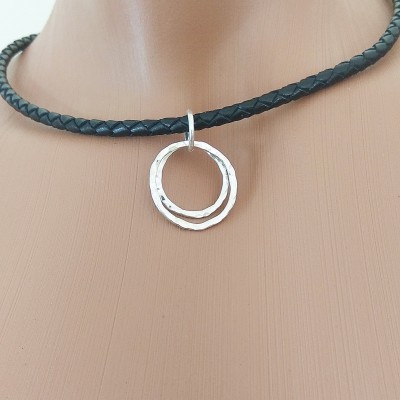Black leather O ring Choker Necklace with handmade sterling silver hammered rings