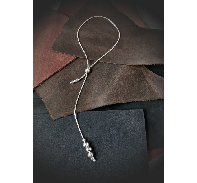  Sterling silver lasso with silver beads and chain Snake  - Sterling silver jewelry   Adjustable ring - jewelry for mens  Body jewelry  7 