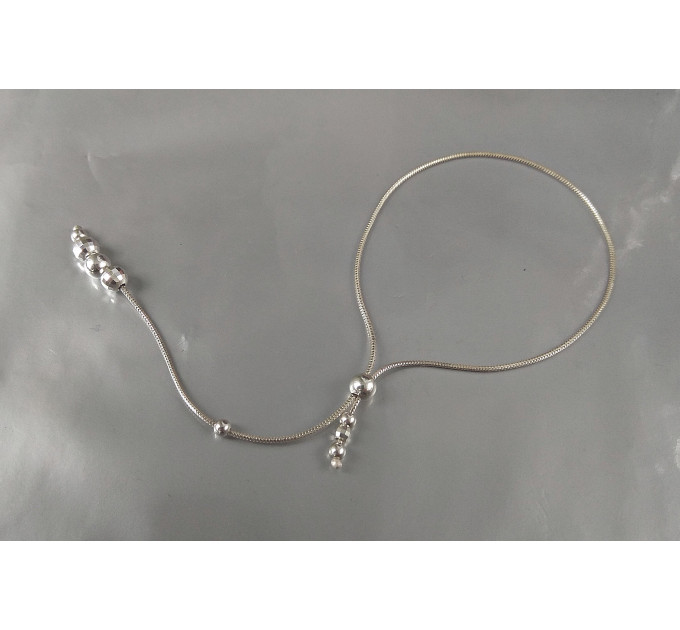Sterling silver lasso with silver beads and chain Snake  - Sterling silver jewelry   Adjustable ring - jewelry for mens