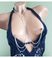 O ring choker with chains and fake nipple piercing  Sexy chain necklace to nipple O-Ring pendant