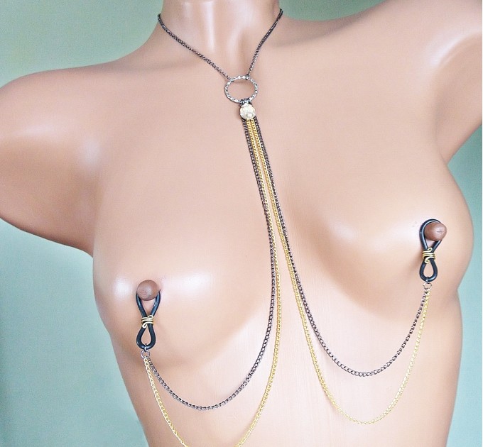  Black and gold chains and fake nipple piercing  Sexy chain necklace to nipple O-Ring pendant  Body jewelry  5 