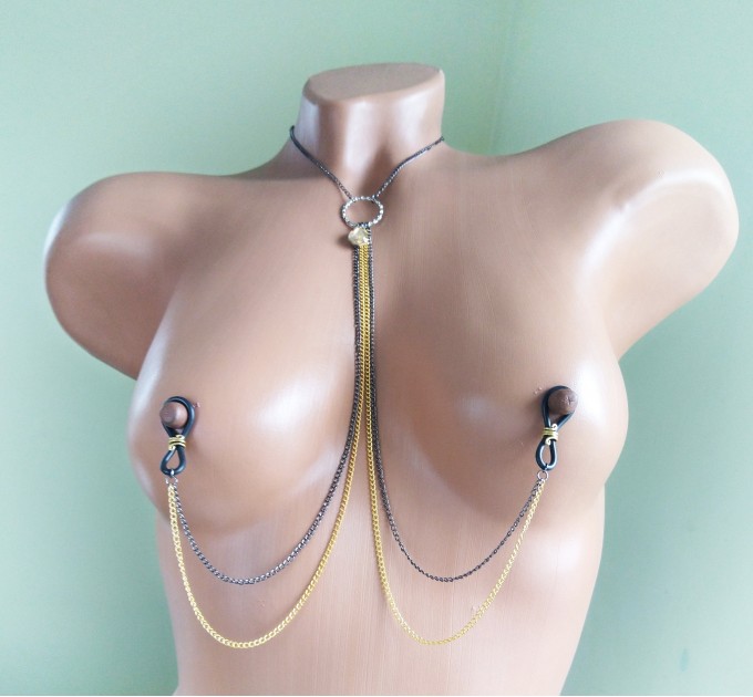  Black and gold chains and fake nipple piercing  Sexy chain necklace to nipple O-Ring pendant  Body jewelry  7 