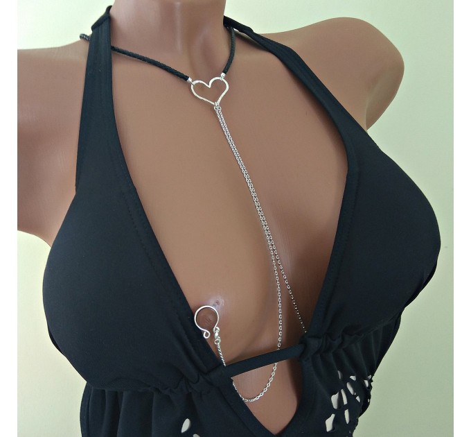  Black leather  Choker With  handmade sterling silver heart Dangling silver Chains and fake nipple piercing  Necklace\Pendants   