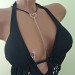  Black leather  Choker With  handmade sterling silver heart Dangling silver Chains and fake nipple piercing  Necklace\Pendants   