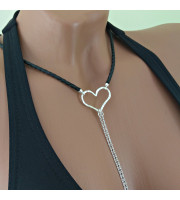 Black leather  Choker With  handmade sterling silver heart Dangling silver Chains and fake nipple piercing