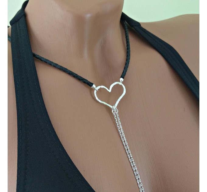 Black leather  Choker With  handmade sterling silver heart Dangling silver Chains and fake nipple piercing