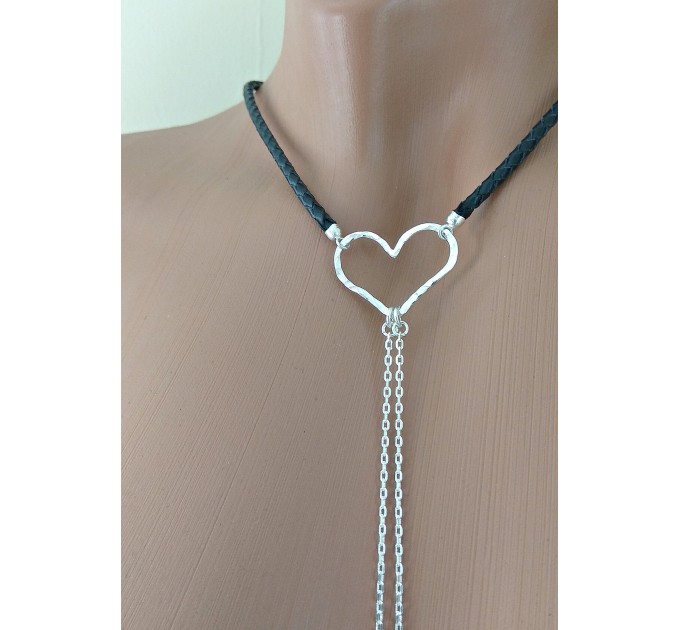 Black leather  Choker With  handmade sterling silver heart Dangling silver Chains and fake nipple piercing
