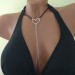 Black leather  Choker With  handmade sterling silver heart Dangling silver Chains and fake nipple piercing  Necklace\Pendants  2 