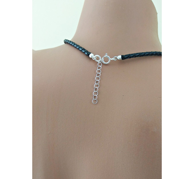 Black leather  Choker With  handmade sterling silver heart Dangling silver Chains and fake nipple piercing