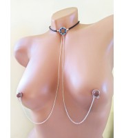 O ring Choker With Dangling silver Chains and fake nipple piercing discreet collar