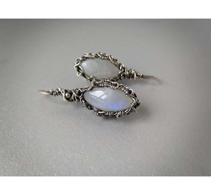  Silver Wire wrap earrings with moonstones wire wrap blue earrings moonstone jewelry Silver Earrings Bohemian Wire Wrap Earrings Gift for Mom  Earrings   