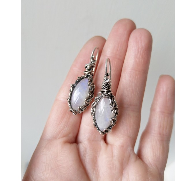 Silver Wire wrap earrings with moonstones wire wrap blue earrings moonstone jewelry Silver Earrings Bohemian Wire Wrap Earrings Gift for Mom