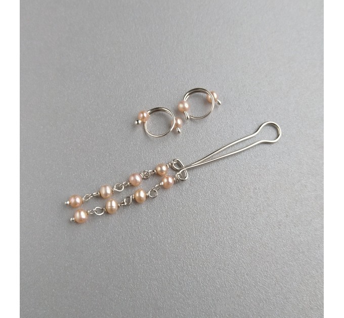Silver Jewelry Set with Natural Pearls Breast Rings and Vagina Clip
