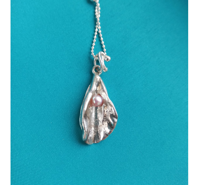 Handmade silver yoni pendant with natural pink pearl Fine Silver Vagina Necklace