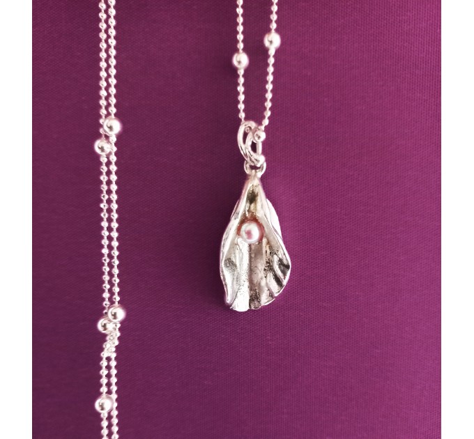 Handmade silver yoni pendant with natural pink pearl Fine Silver Vagina Necklace