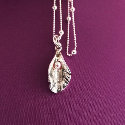 Handmade silver yoni pendant with natural pink pearl Fine Silver Vagina Necklace