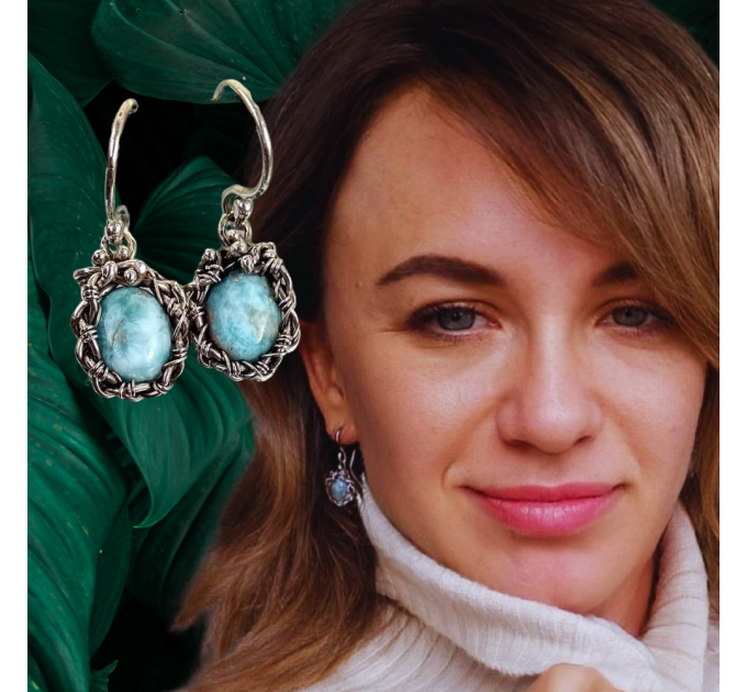 Larimar Wire Wrapped Earrings – Handmade Silver Drop Earrings 