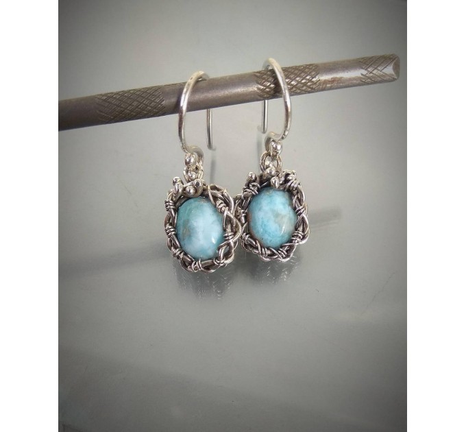 Larimar Wire Wrapped Earrings – Handmade Silver Drop Earrings 
