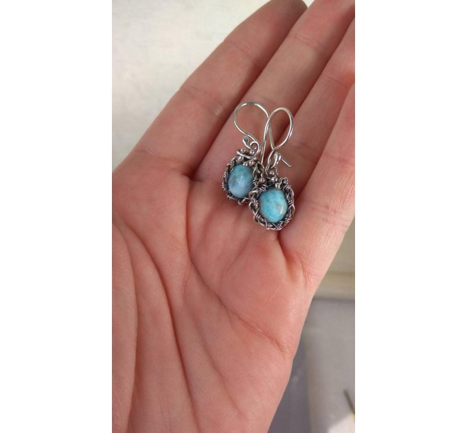 Larimar Wire Wrapped Earrings – Handmade Silver Drop Earrings 