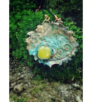 Electroforming leaf necklace  Real Aspen leaf necklace big yellow gemstone Round copper pendant Aspen Leaf pendant  copper pendant, sunrise.