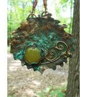 Electroforming leaf necklace  Real Aspen leaf necklace big yellow gemstone Round copper pendant Aspen Leaf pendant  copper pendant, sunrise.
