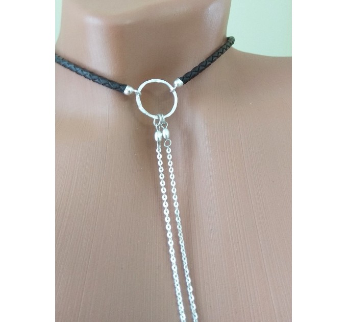 Black leather  Choker With  handmade sterling silver heart Dangling silver Chains and fake nipple piercing