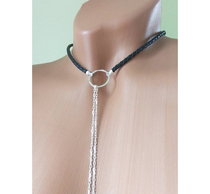 Black leather  Choker With  handmade sterling silver heart Dangling silver Chains and fake nipple piercing