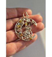 Silver Wire Wrapped Cat on Moon Pendant – Handmade Jewelry