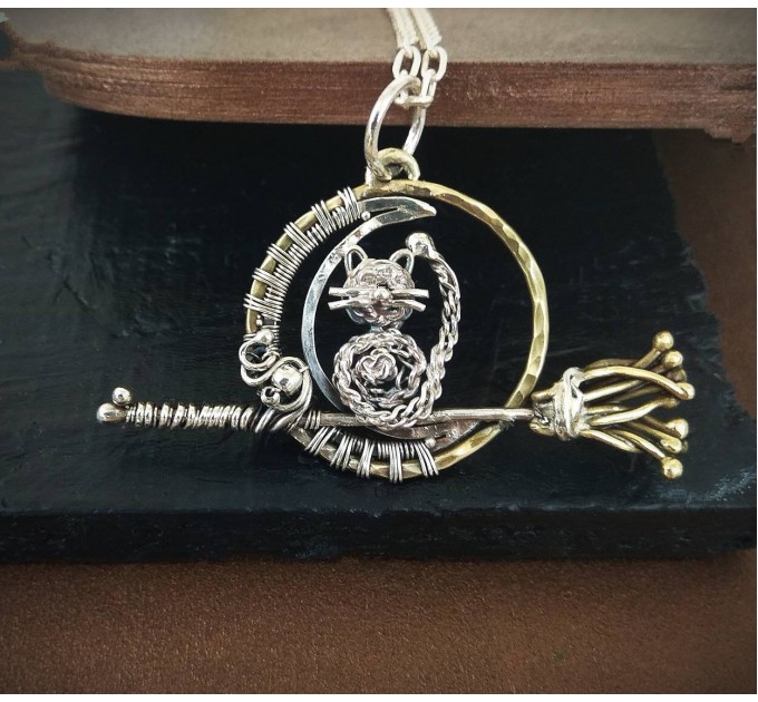 Wire wrapped Cat pendant - Sterling silver and brass